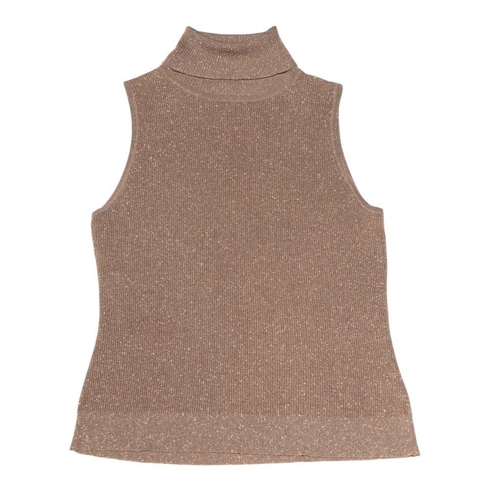 L'Agence Metallic Knit Sleeveless Turtleneck Sweater Tan Gold Womens M